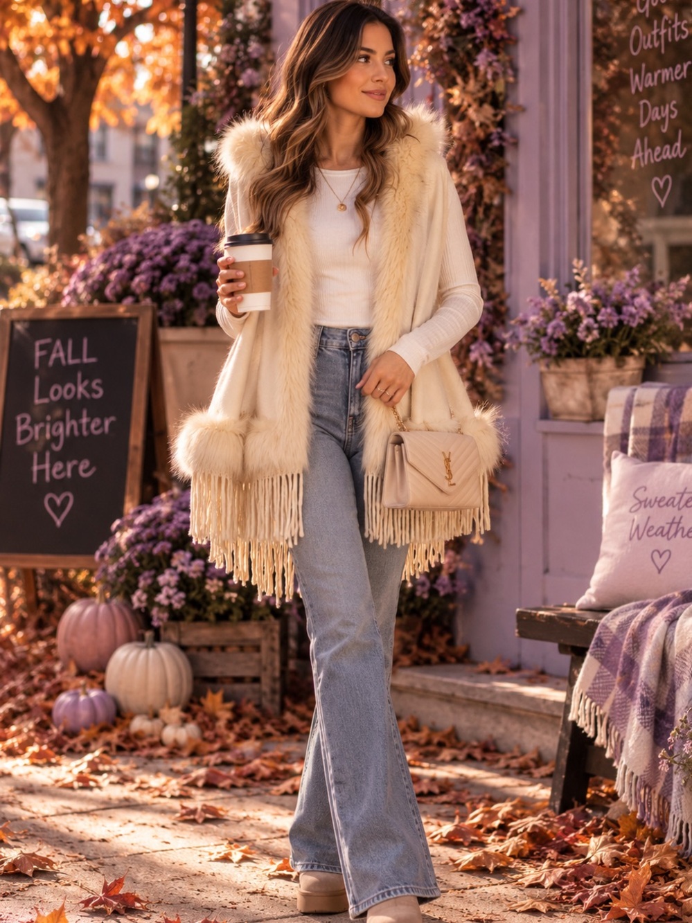 Northern Angel Boho Cream Faux Fur Hooded Fringe Sweater Vest Poncho Boho Sm Med
